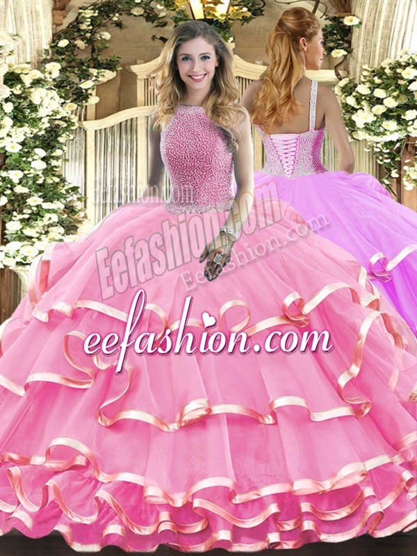  Floor Length Lace Up Ball Gown Prom Dress Rose Pink for Military Ball and Sweet 16 and Quinceanera with Beading and Ruffled Layers