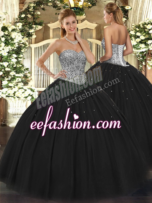 High Quality Sweetheart Sleeveless Quince Ball Gowns Floor Length Beading Black Tulle