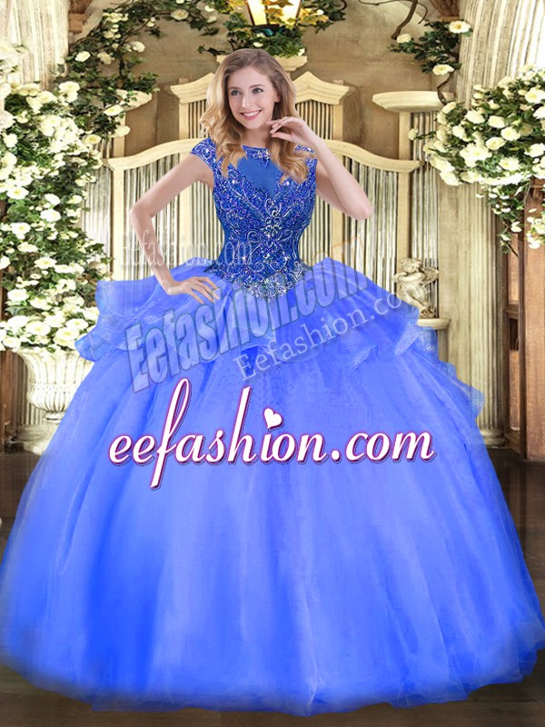 Hot Selling Blue Quinceanera Dress Sweet 16 and Quinceanera with Beading Scoop Cap Sleeves Zipper