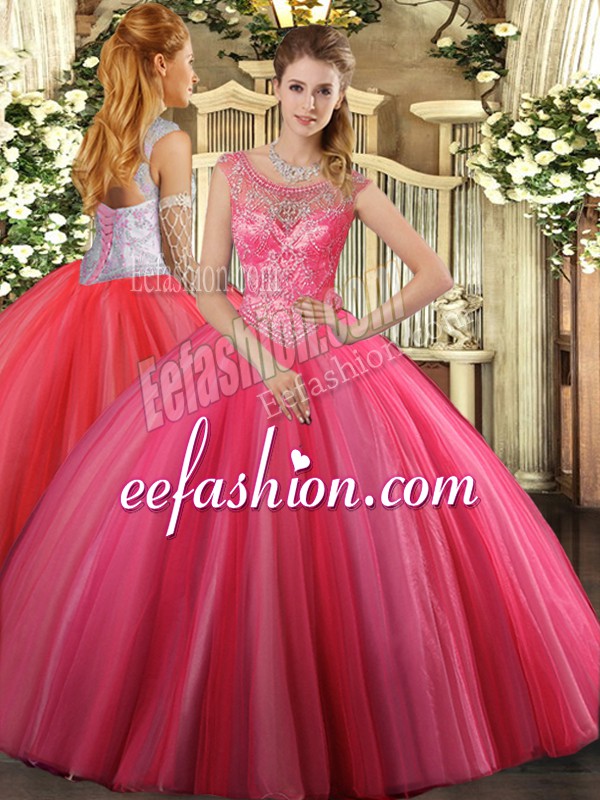 Sophisticated Beading Sweet 16 Dresses Coral Red Lace Up Sleeveless Floor Length