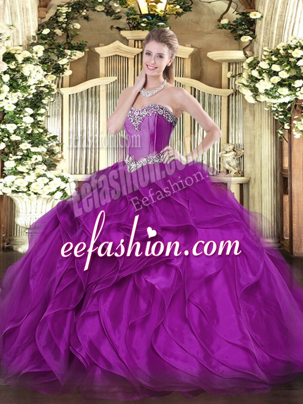 Elegant Sleeveless Floor Length Beading and Ruffles Lace Up 15th Birthday Dress with Purple