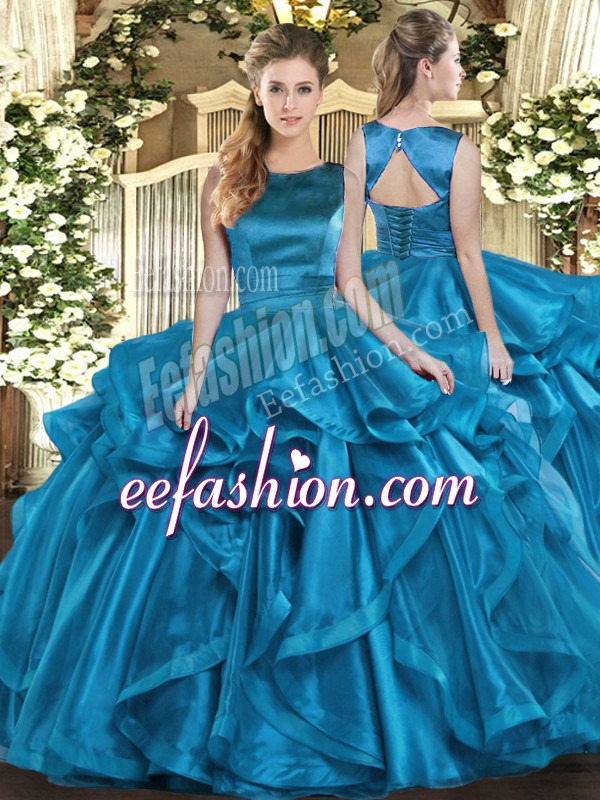  Teal Sleeveless Organza Lace Up Ball Gown Prom Dress for Military Ball and Sweet 16 and Quinceanera