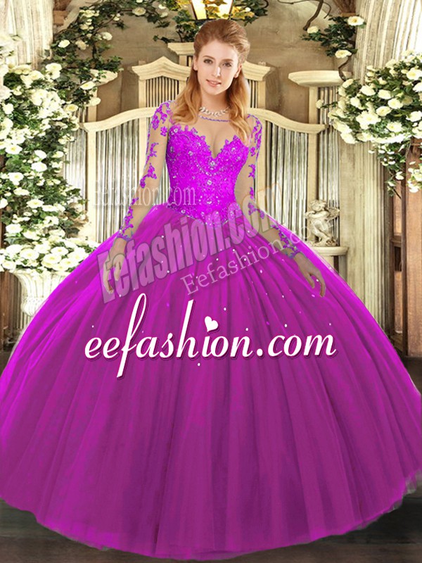  Fuchsia Scoop Neckline Lace Ball Gown Prom Dress Long Sleeves Lace Up