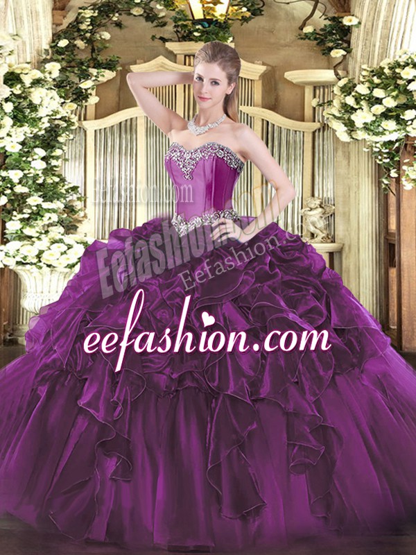  Ball Gowns Ball Gown Prom Dress Purple Sweetheart Organza Sleeveless Floor Length Lace Up