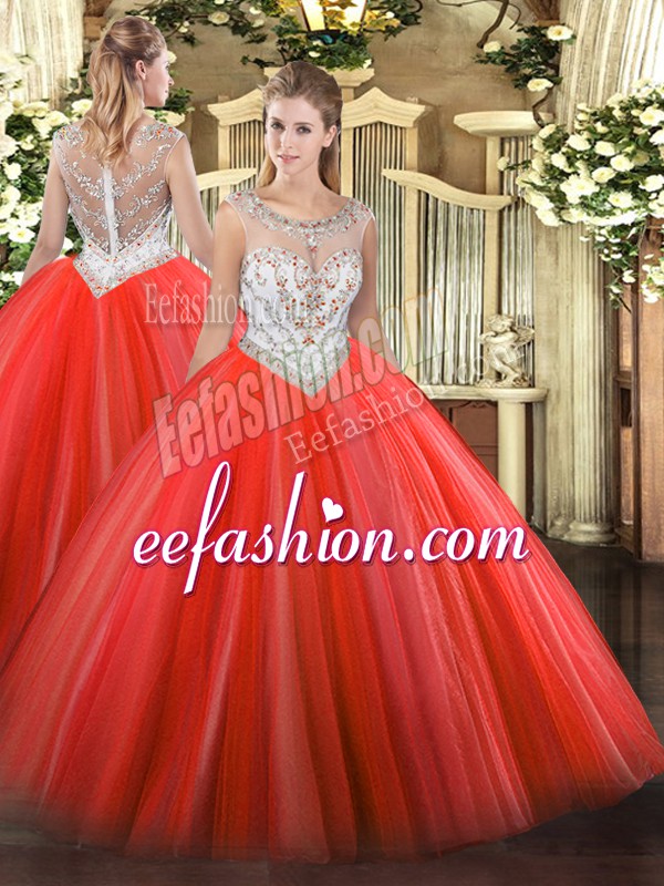  Coral Red Vestidos de Quinceanera Military Ball and Sweet 16 and Quinceanera with Beading Scoop Sleeveless Zipper