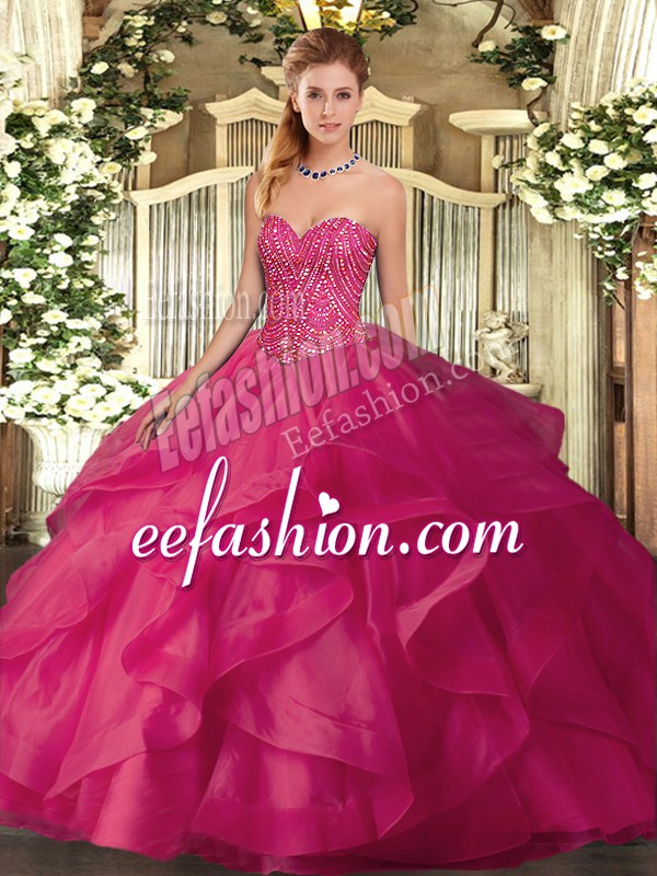 Extravagant Hot Pink Quinceanera Gown Military Ball and Sweet 16 and Quinceanera with Beading and Ruffles Sweetheart Sleeveless Lace Up