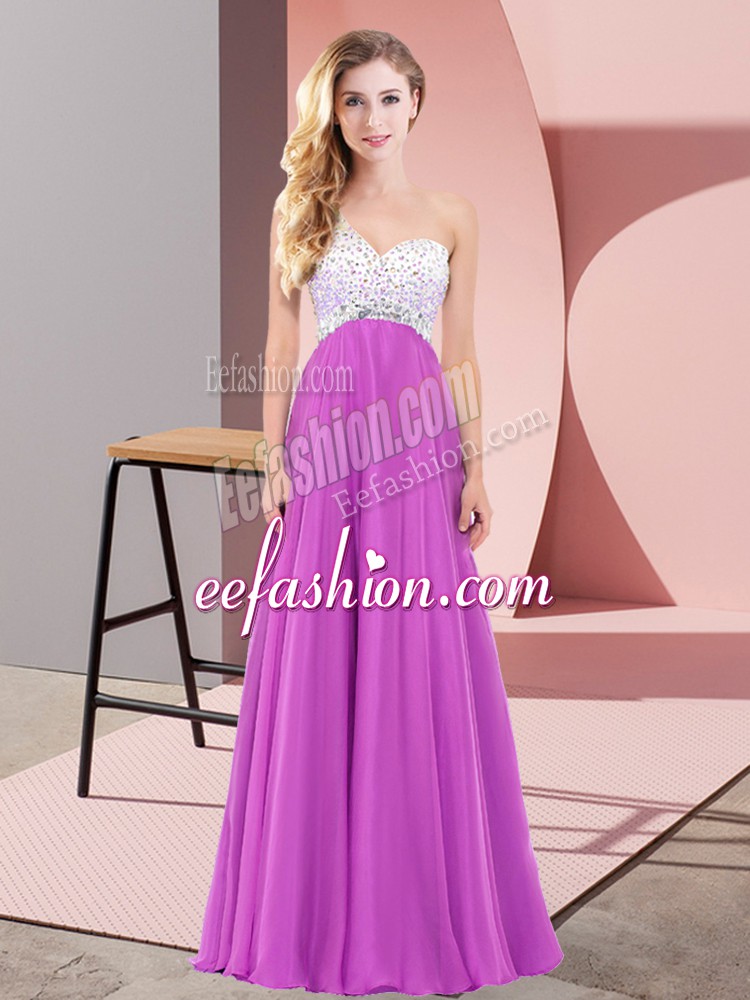  Fuchsia Sleeveless Floor Length Beading Lace Up Prom Party Dress