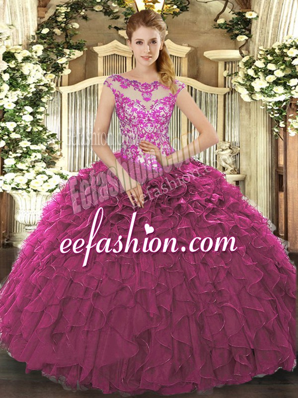 New Style Fuchsia Organza Lace Up Scoop Cap Sleeves Floor Length Quinceanera Dress Beading and Appliques and Ruffles