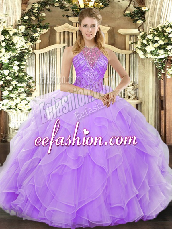 Free and Easy High-neck Sleeveless Sweet 16 Dress Floor Length Beading and Ruffles Lavender Organza