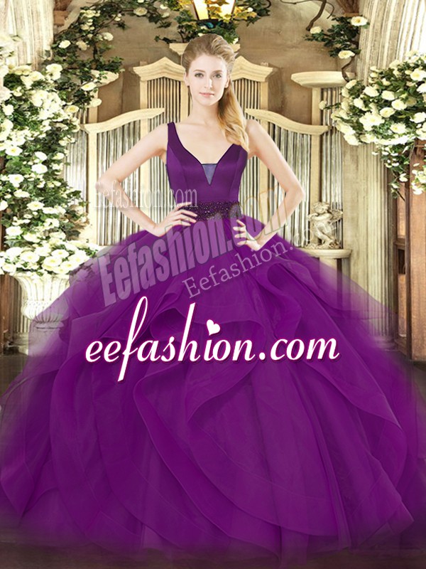  Purple Ball Gowns Straps Sleeveless Tulle Floor Length Zipper Beading and Ruffles 15 Quinceanera Dress