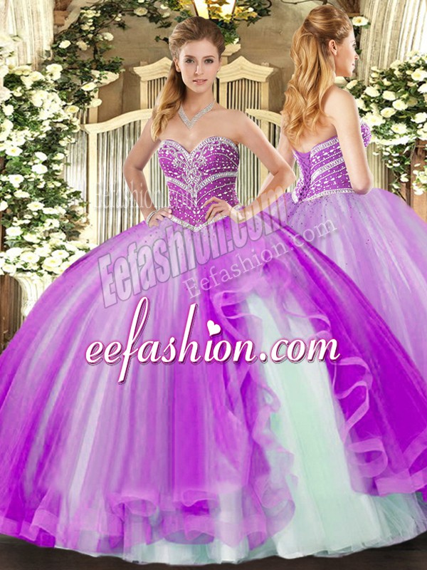  Floor Length Lavender Ball Gown Prom Dress Tulle Sleeveless Beading and Ruffles