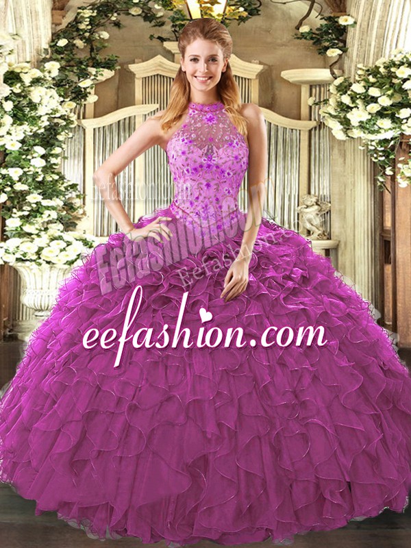 High Quality Sleeveless Embroidery and Ruffles Lace Up Quinceanera Gown