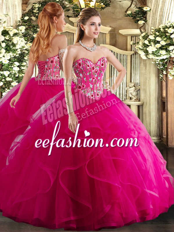  Floor Length Ball Gowns Sleeveless Fuchsia Quinceanera Gowns Lace Up