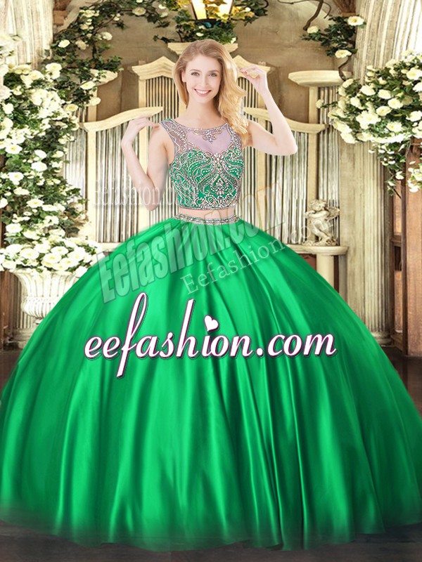  Satin Scoop Sleeveless Lace Up Beading Sweet 16 Quinceanera Dress in Green
