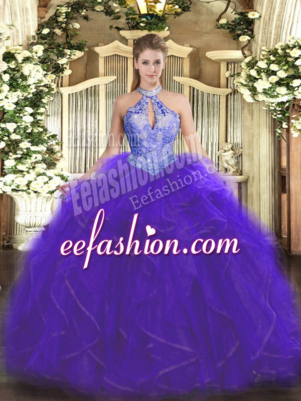  Purple Lace Up Sweet 16 Dress Ruffles and Sequins Sleeveless Floor Length