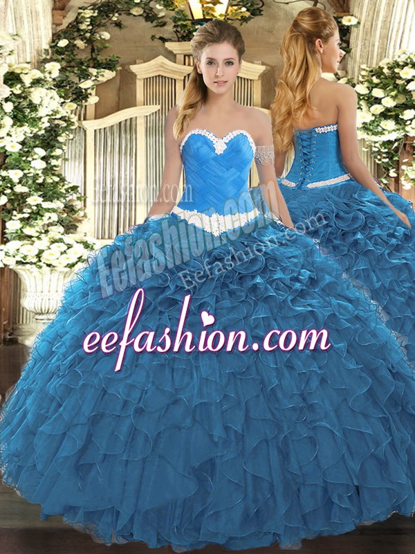Eye-catching Floor Length Blue Sweet 16 Quinceanera Dress Sweetheart Sleeveless Lace Up