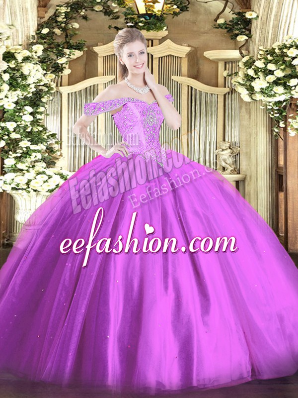 Decent Floor Length Lace Up Quinceanera Dresses Lilac for Military Ball and Sweet 16 and Quinceanera with Beading