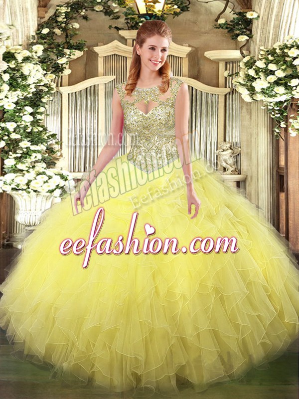 Latest Yellow Sweet 16 Dresses Military Ball and Sweet 16 and Quinceanera with Beading and Ruffles Scoop Sleeveless Lace Up