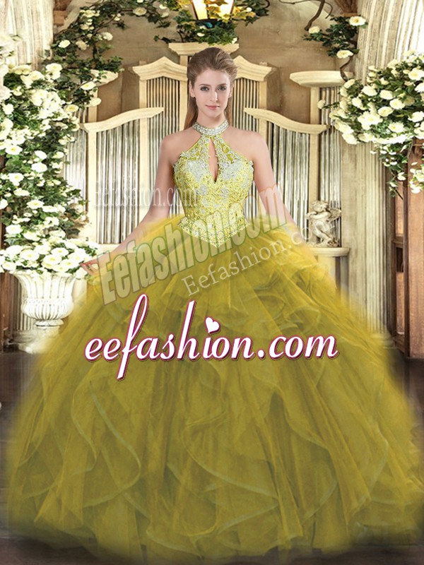  Olive Green Halter Top Lace Up Beading and Ruffles Sweet 16 Quinceanera Dress Sleeveless