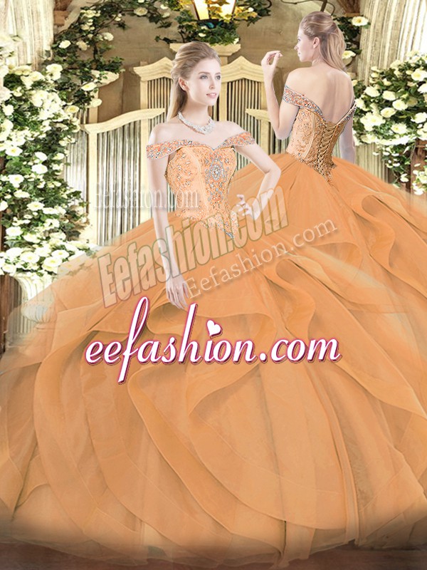  Off The Shoulder Sleeveless 15 Quinceanera Dress Floor Length Beading and Ruffles Orange Tulle