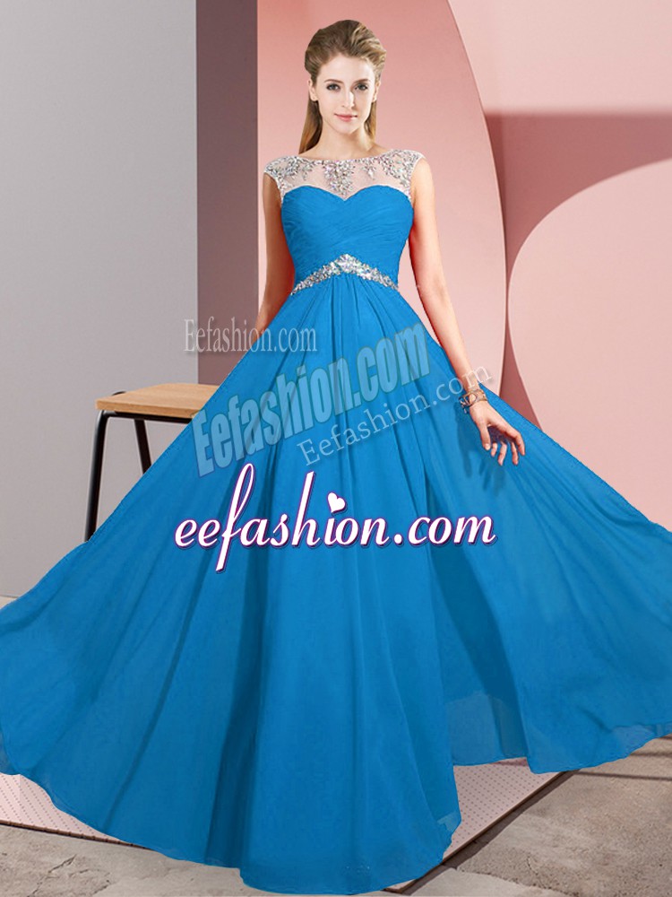  Blue Prom Gown Prom and Party with Beading Scoop Sleeveless Clasp Handle