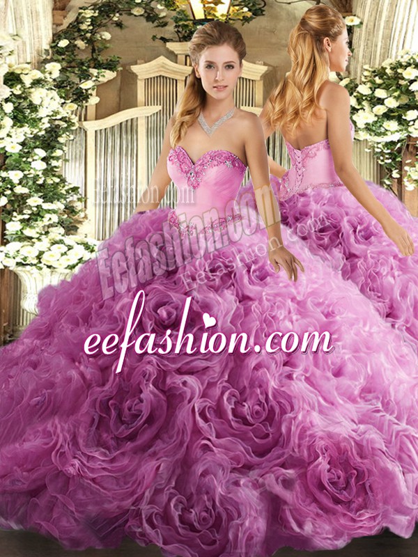  Sweetheart Sleeveless Lace Up 15th Birthday Dress Rose Pink Fabric With Rolling Flowers