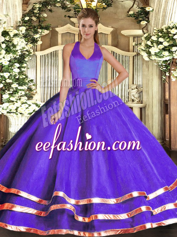  Halter Top Sleeveless Lace Up 15 Quinceanera Dress Purple Tulle