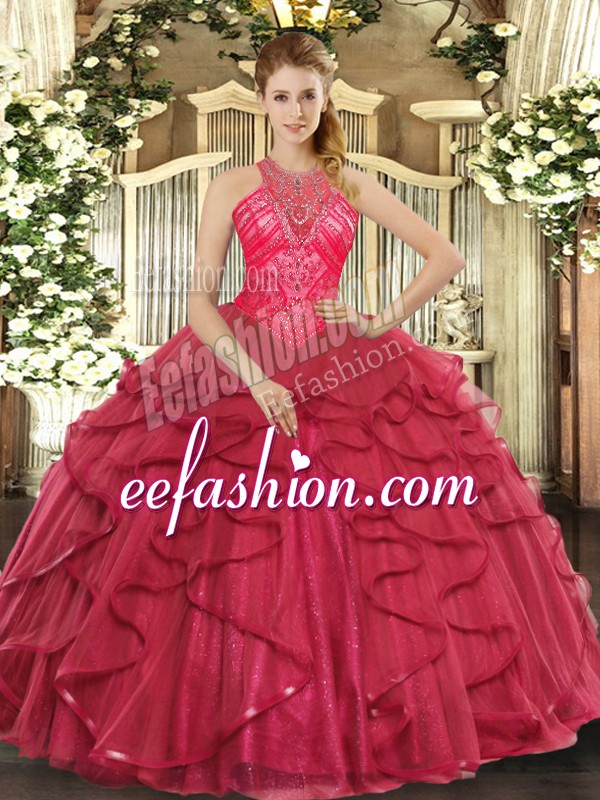 Sophisticated High-neck Sleeveless Quinceanera Gown Floor Length Beading and Ruffles Coral Red Organza