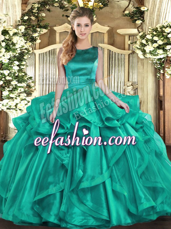  Turquoise Ball Gowns Organza Scoop Sleeveless Ruffles Floor Length Lace Up Quince Ball Gowns