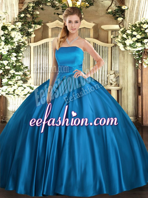 Nice Blue Lace Up Strapless Ruching Quince Ball Gowns Satin Sleeveless
