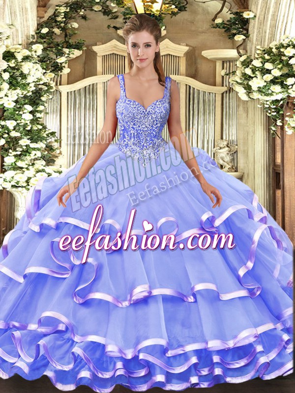  Straps Sleeveless Organza Quinceanera Dress Beading and Ruffled Layers Lace Up