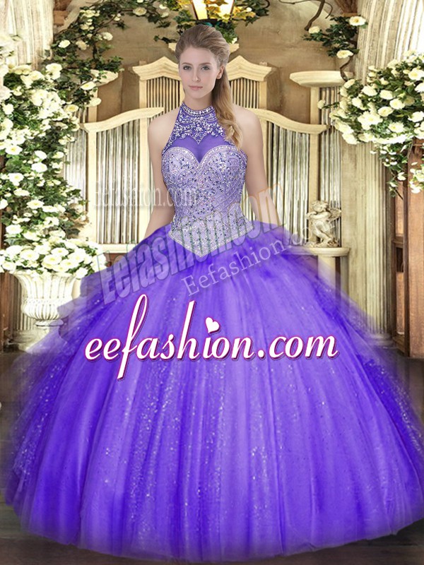  Lavender Tulle Lace Up Halter Top Sleeveless Floor Length Sweet 16 Dresses Beading and Ruffles