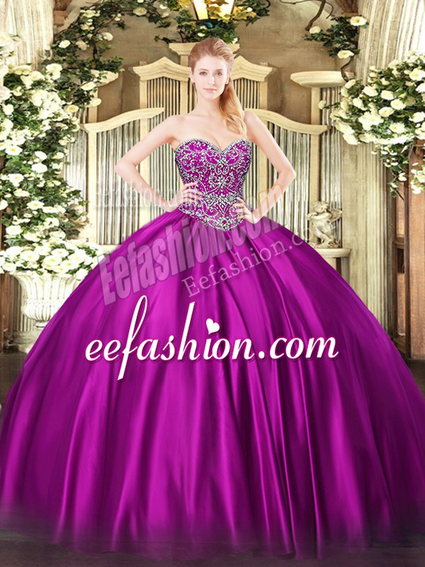Artistic Fuchsia Satin Lace Up Sweetheart Sleeveless Floor Length Sweet 16 Dresses Beading