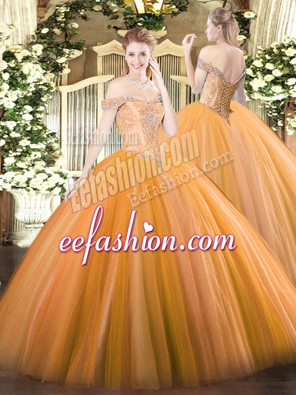 Fabulous Orange Tulle Lace Up 15th Birthday Dress Sleeveless Floor Length Beading