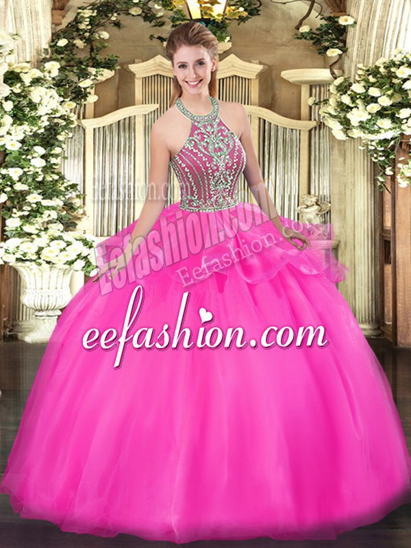  Tulle Halter Top Sleeveless Lace Up Beading and Ruffles Ball Gown Prom Dress in Hot Pink