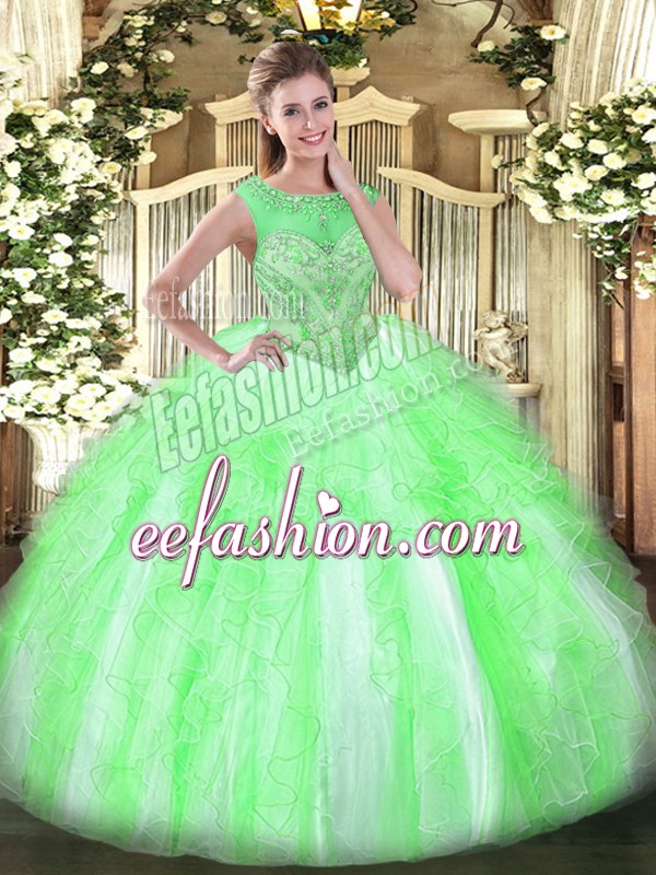  Sleeveless Organza Floor Length Lace Up 15th Birthday Dress in with Beading and Ruffles