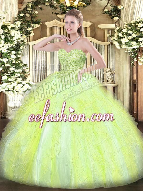 Pretty Yellow Green Ball Gowns Tulle Sweetheart Sleeveless Appliques and Ruffles Floor Length Lace Up Sweet 16 Quinceanera Dress