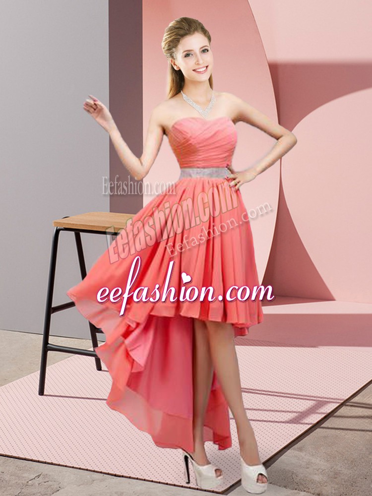 Captivating Beading Homecoming Dress Watermelon Red Lace Up Sleeveless High Low