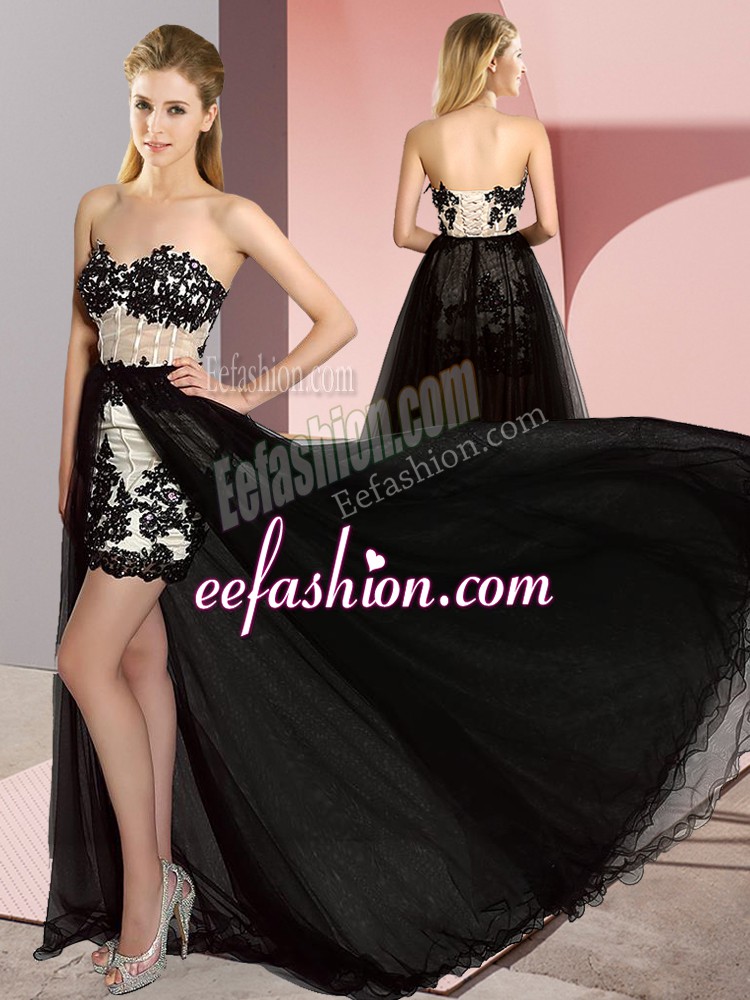 New Arrival White And Black Lace Up Sweetheart Embroidery Prom Party Dress Tulle Sleeveless