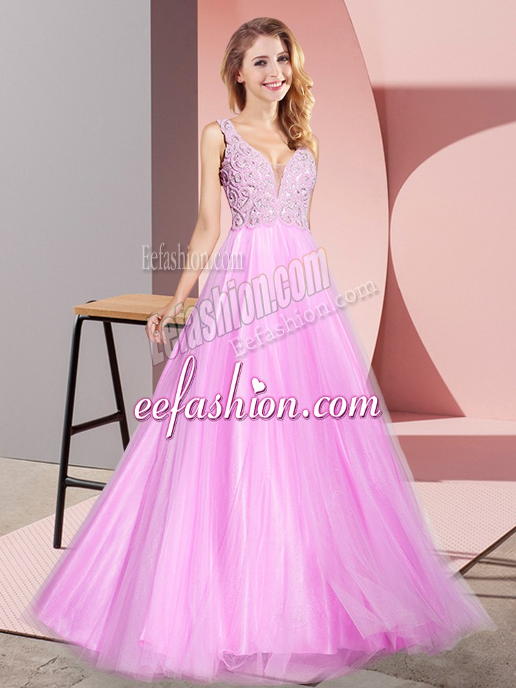 Ideal Lilac Sleeveless Tulle Zipper Prom Dresses for Prom and Party
