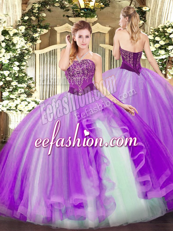 Best Lavender Ball Gowns Tulle Strapless Sleeveless Beading and Ruffles Floor Length Lace Up Ball Gown Prom Dress