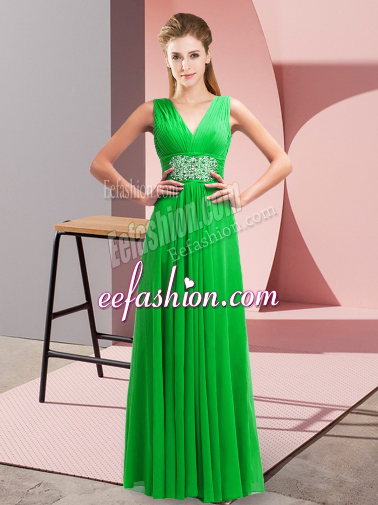 Pretty Empire Dress for Prom Green V-neck Chiffon Sleeveless Floor Length Side Zipper