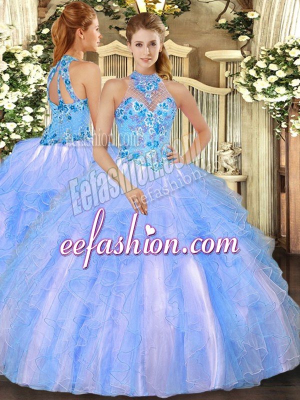  Organza Halter Top Sleeveless Lace Up Embroidery and Ruffles Quinceanera Gown in Baby Blue