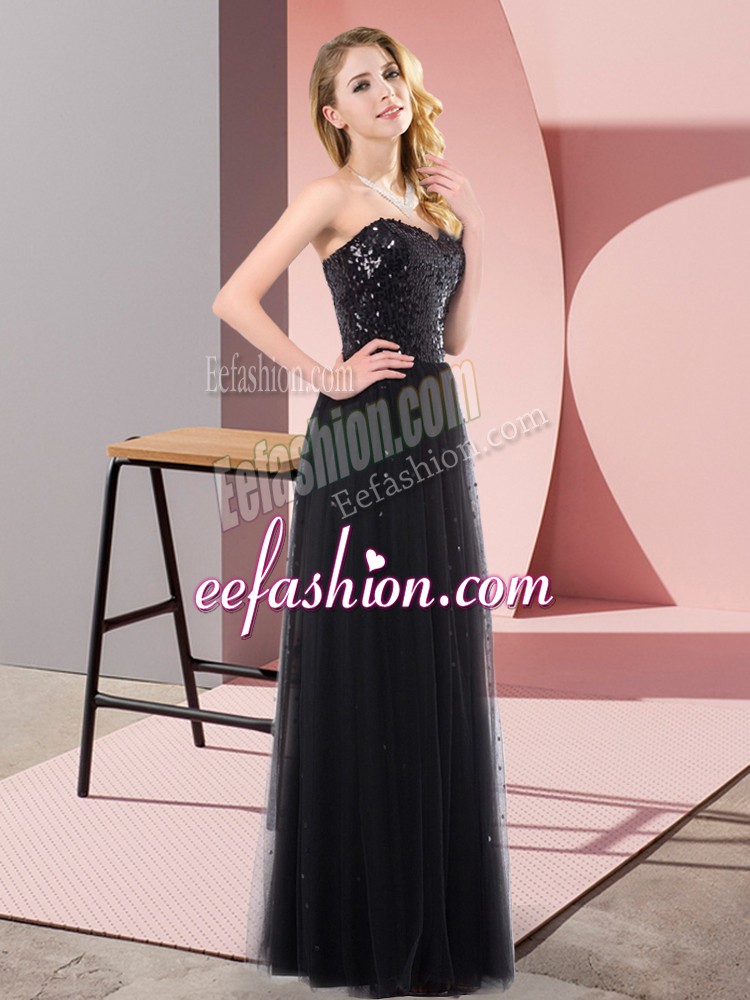 Nice Black Empire Sweetheart Sleeveless Tulle Floor Length Lace Up Sequins Prom Gown