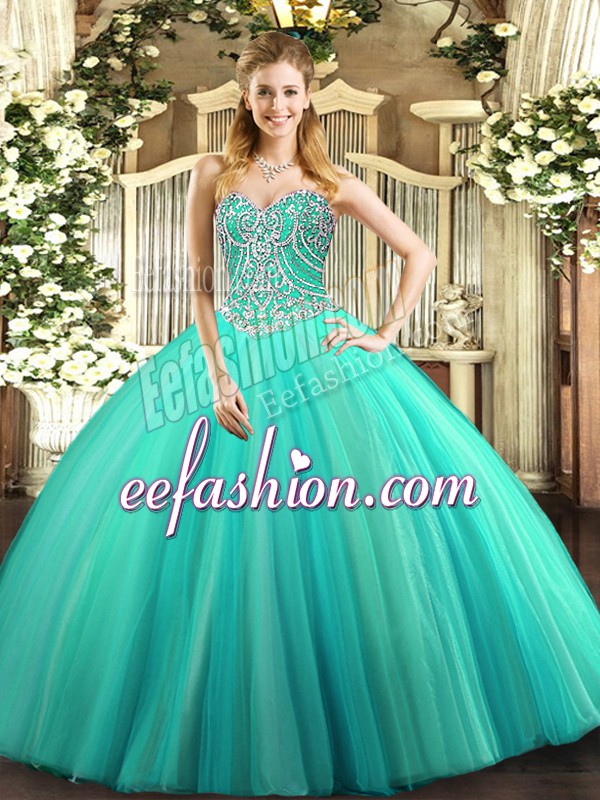 Suitable Tulle Sleeveless Floor Length Sweet 16 Dress and Beading