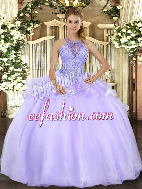 Charming Lavender Organza Lace Up Quinceanera Dress Sleeveless Floor Length Beading