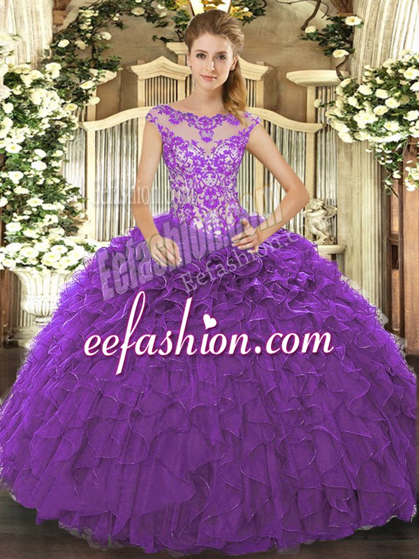  Purple Scoop Neckline Beading and Ruffles and Hand Made Flower 15th Birthday Dress Cap Sleeves Lace Up