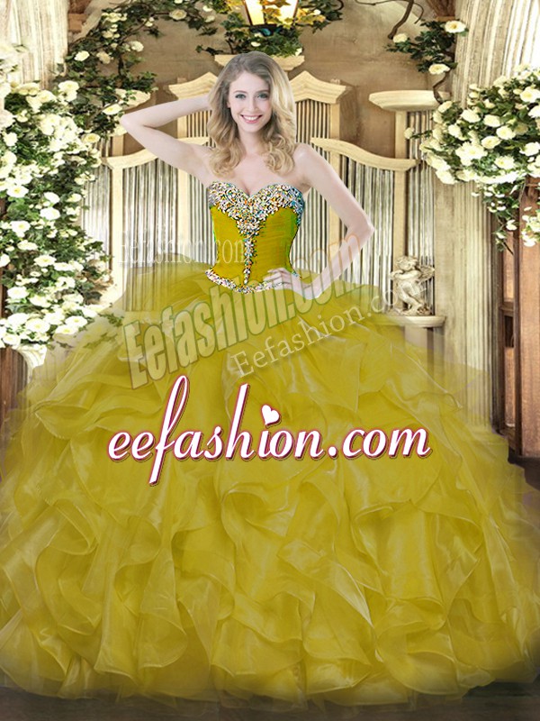 Customized Gold Sleeveless Floor Length Beading Lace Up 15 Quinceanera Dress