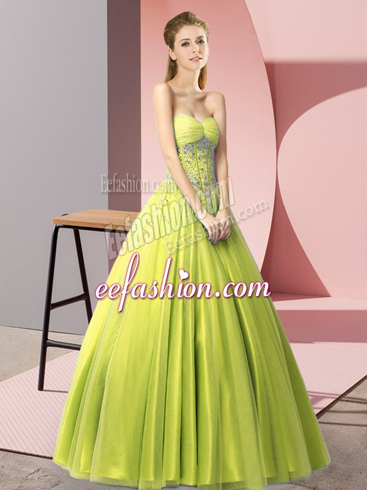 Elegant Yellow Green Sleeveless Beading Floor Length Homecoming Dress