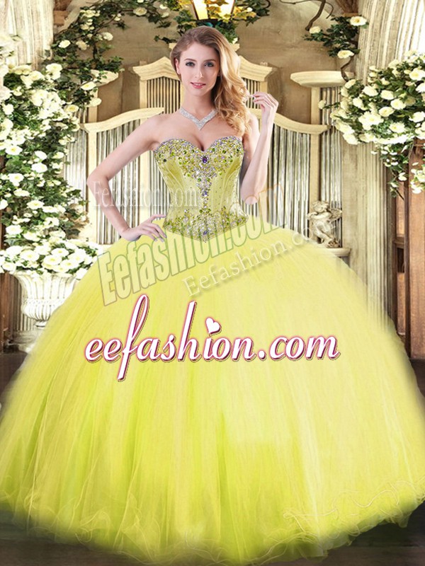  Yellow Ball Gowns Sweetheart Sleeveless Tulle Floor Length Lace Up Beading Quince Ball Gowns